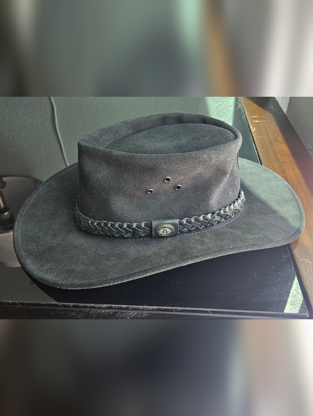 Black Suede Outback Hat with Braided Band